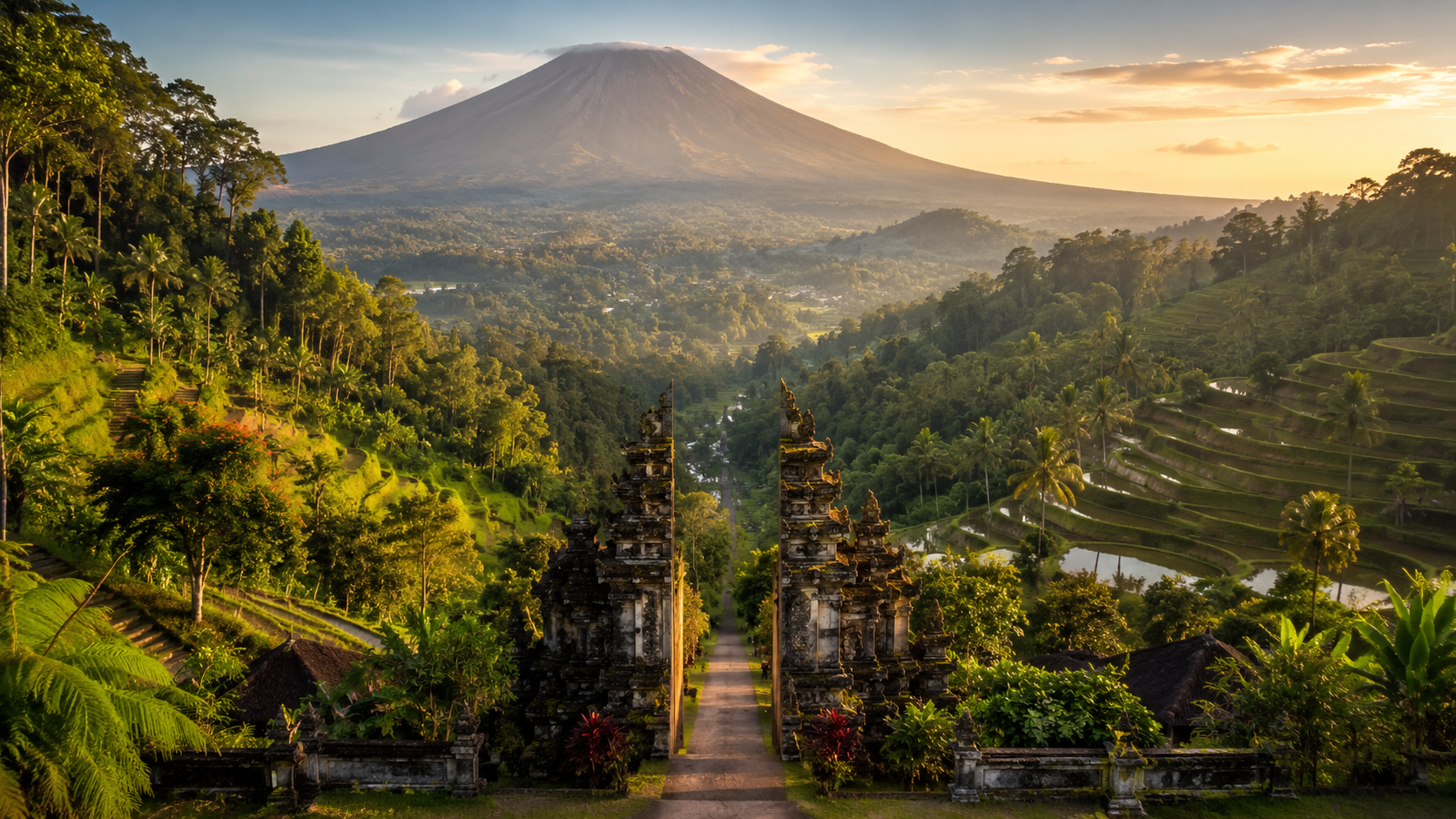 Bali tour package by ZaraTrips - rice-terrace valley with a temple gate