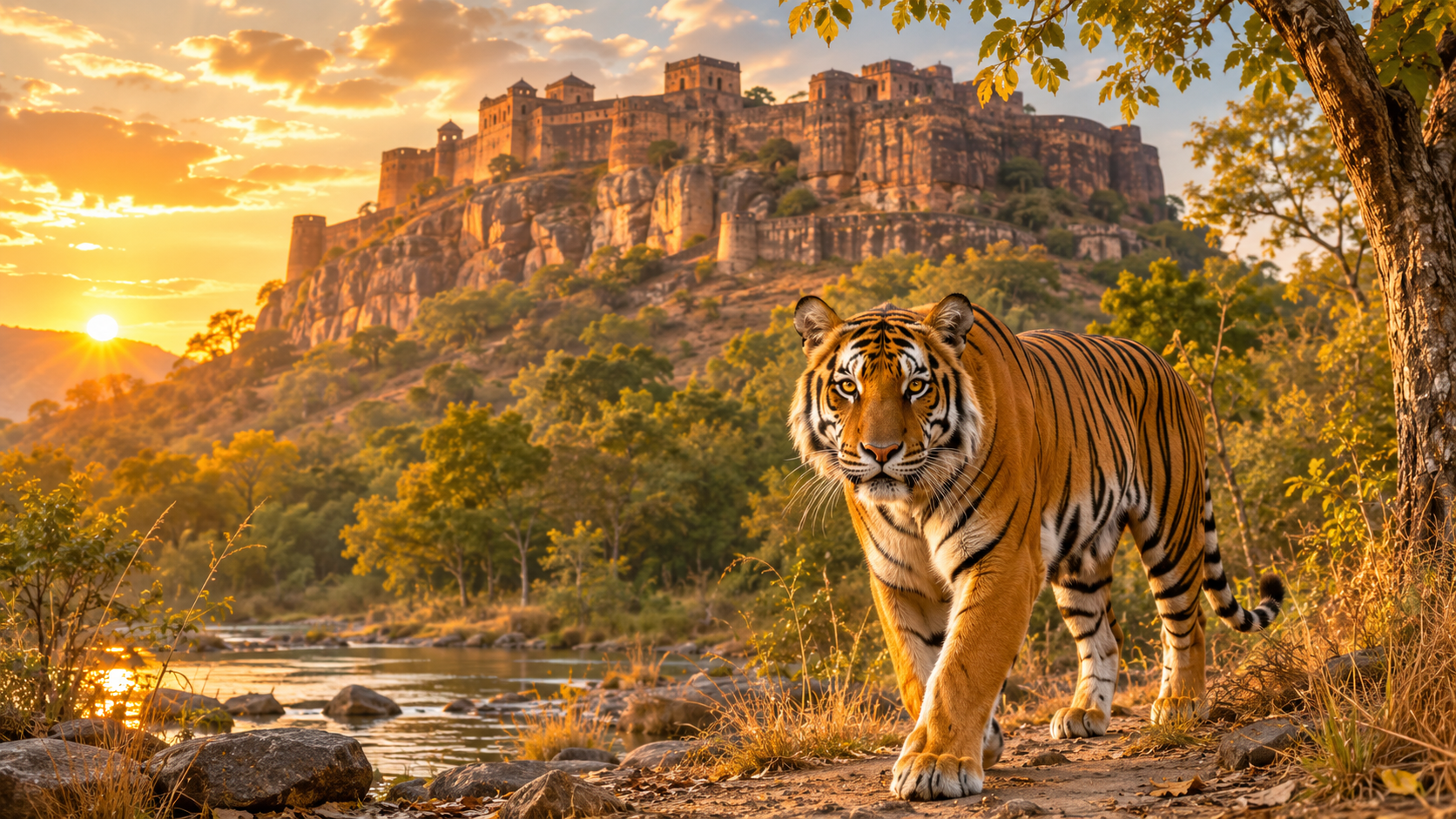 Bandhavgarh Safari package by ZaraTrips - tiger below an ancient hill fort, sal forest