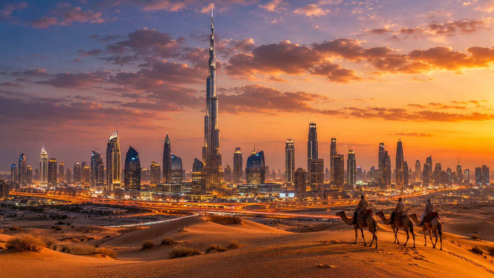 Dubai tour package by ZaraTrips - Burj Khalifa and Dubai skyline at dusk