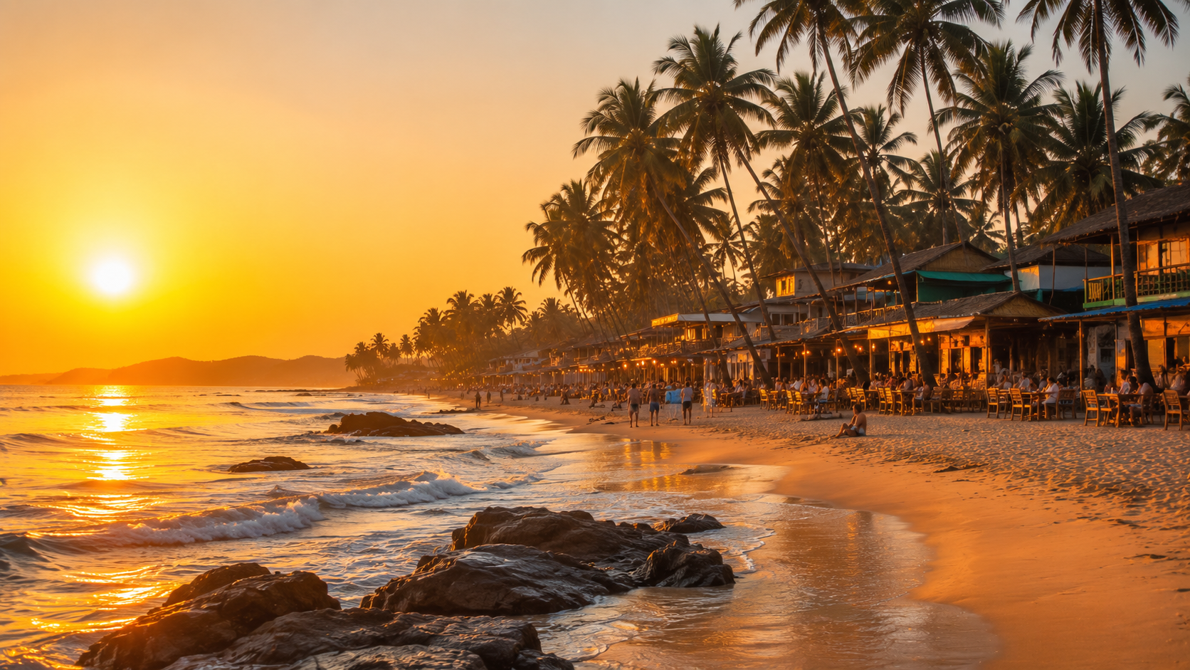 Goa tour package by ZaraTrips - palm-lined beach with shacks at sunset