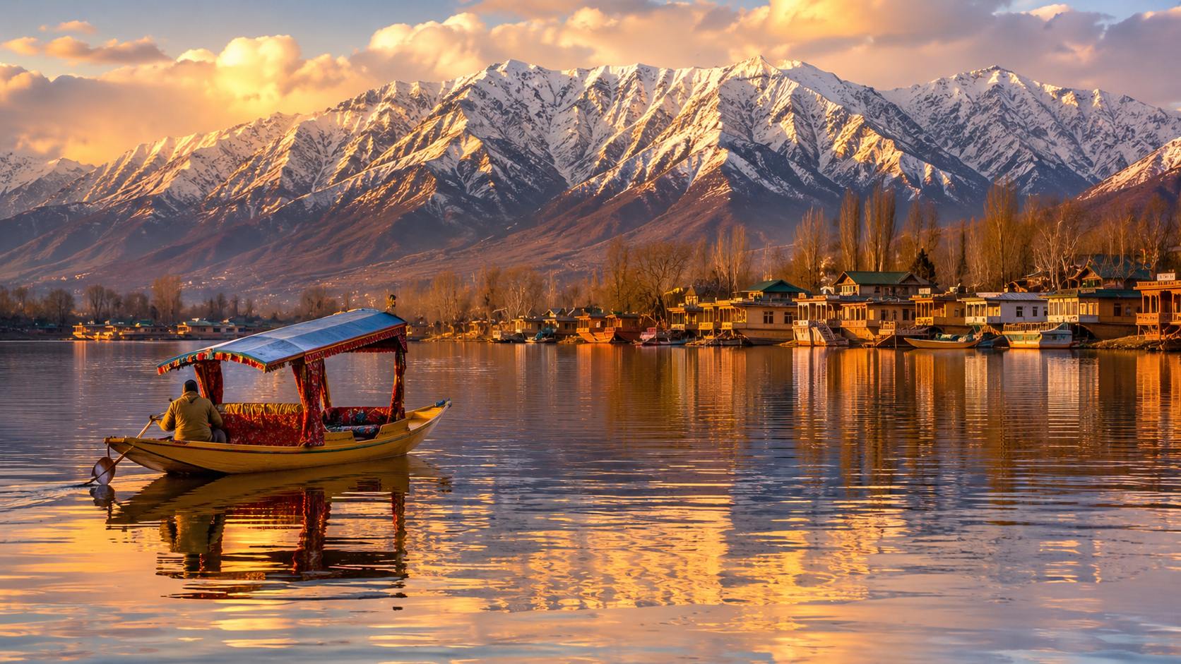 Kashmir package by ZaraTrips - shikara on Dal Lake with snow peaks behind