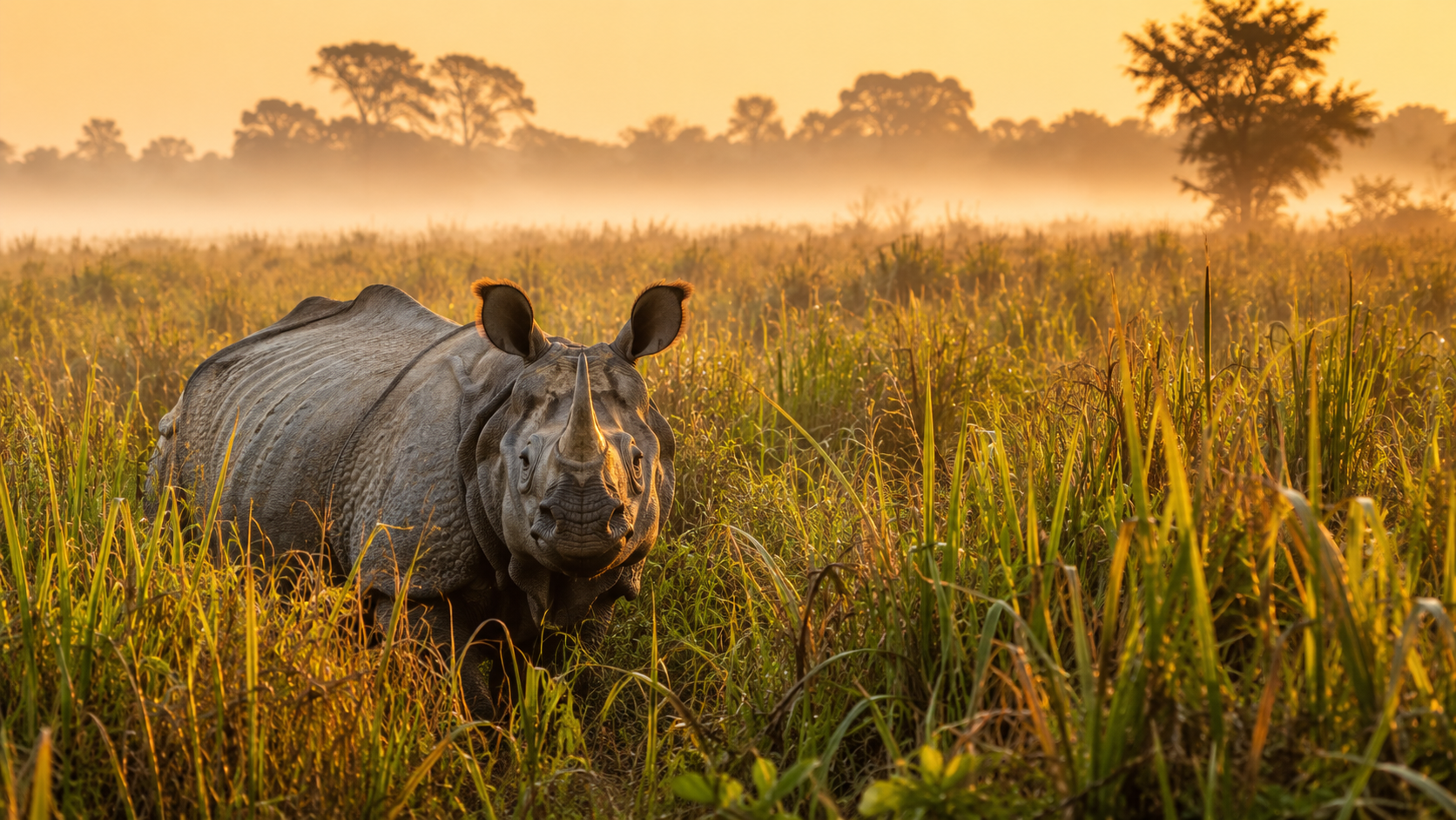 Kaziranga Safari package by ZaraTrips - one-horned rhino in tall elephant grass, misty
