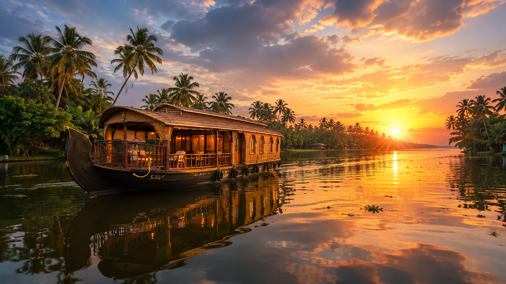 Kerala tour package by ZaraTrips - houseboat on Alleppey backwaters at sunset