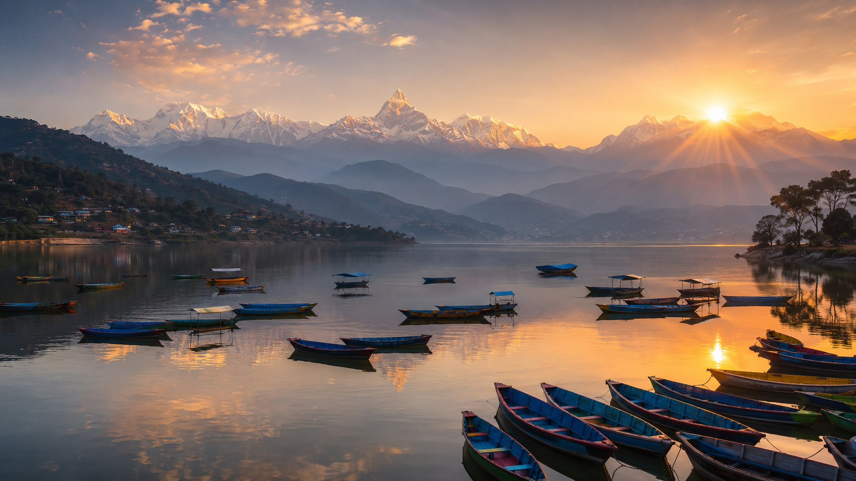 Nepal tour package by ZaraTrips - Himalayan sunrise over Pokhara's Phewa lake