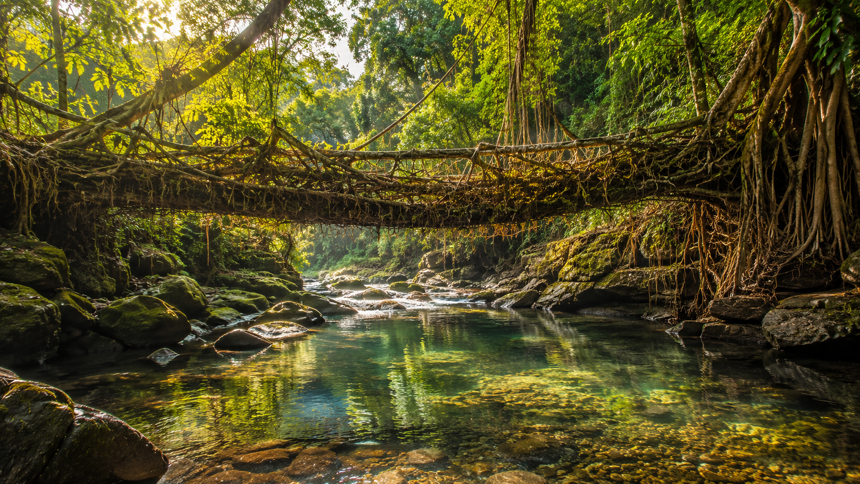 Northeast India tour package by ZaraTrips - living root bridge over a clear forest stream