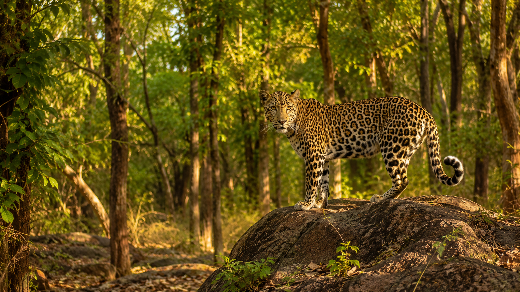 Pench Safari tour package by ZaraTrips - dense teak forest with a leopard on a rock