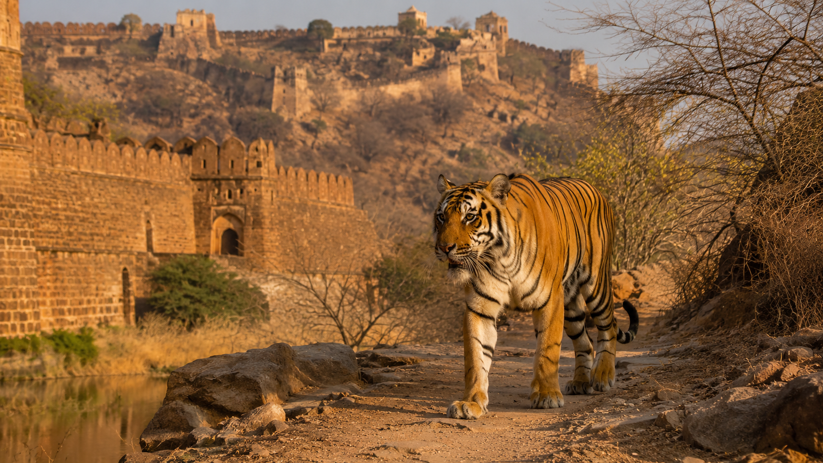 Ranthambore Safari package by ZaraTrips - tiger near ancient fort ruins, dry forest